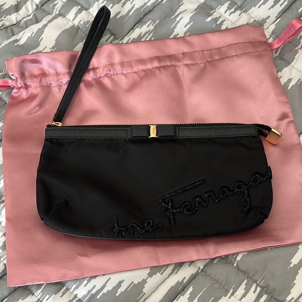 Salvatore Ferragamo Black Textured Clutch with Gold Hardware